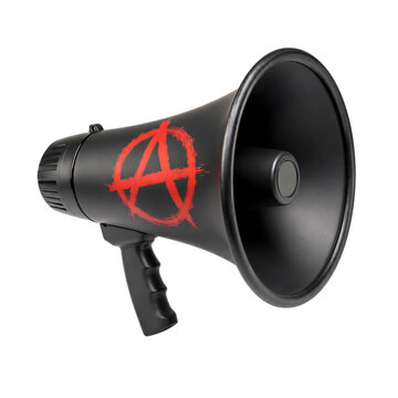 Black anarchy megaphone with red symbol isolated on transparent background png cutout