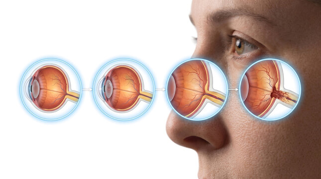 Retinal detachment and eye disease progression, medical illustration showing healthy retina retinal tear and advanced retinal detachment