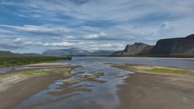 Aerial view of Tana Rver, Tanaelva, with large sand bank in northern Norway