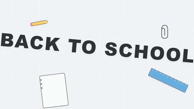 Dynamic diagonal back to school typography with blue stationery shapes and grid background