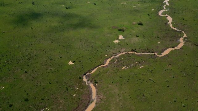 Aerial view of Ewaso Narok River winding through the green savanna landscape in Rumuruti, Laikipia County, Kenya.