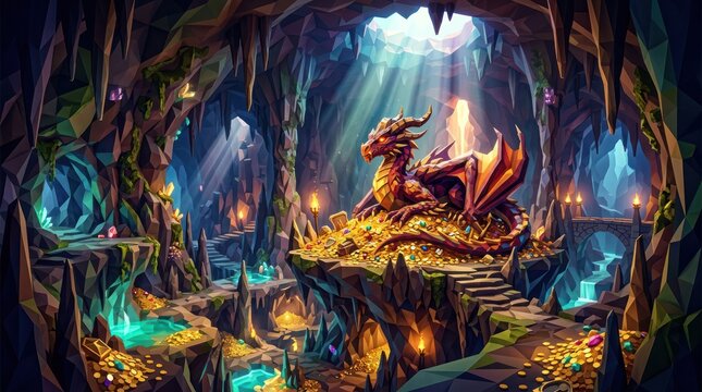 Fantasy dragon guarding treasure in mystical cave