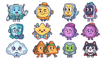 Fototapeta premium Playful character designs based on tech interfaces and colorful abstract shapes.