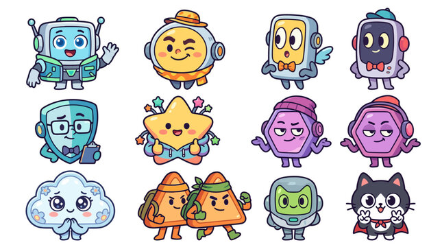 Playful character designs based on tech interfaces and colorful abstract shapes.
