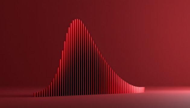 A 3D visualization of a bell curve depicting normal distribution is provided. Red gradient segments highlight variations in statistical data. Ideal for use in scientific, mathematical, and analytical 