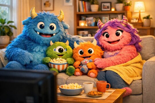 Cute monster family enjoying movie night together in cozy living room with popcorn and warm home atmosphere