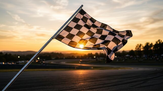 Victory and success celebrated with a checkered racing finish flag waving on the track during sunset.