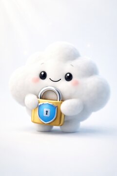 Cute smiling cloud character holding golden padlock with security shield on soft white background