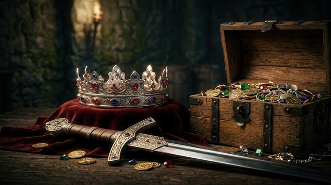 A fantasy medieval scene featuring a majestic crown, an open chest of riches, and an ornate sword.