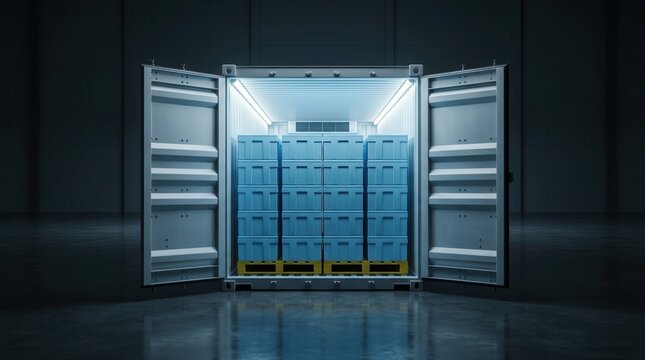 Temperature-controlled storage inside an open refrigerated shipping container with cold boxes on a pallet.