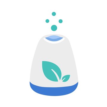 Flat style illustration of an essential oil aroma diffuser with teal leaf design and mist bubbles on white background