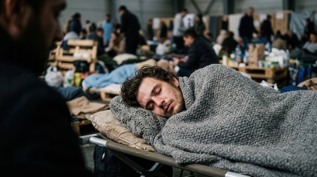 A young man finds temporary refuge and sleeps inside a crowded urban homelessness shelter.