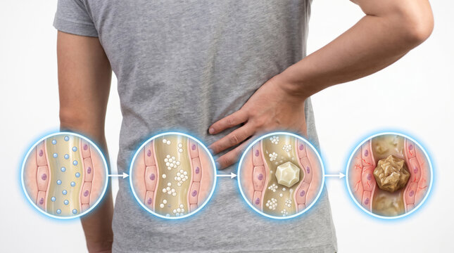 Kidney stone progression and urinary tract disease, medical illustration showing crystal formation stone growth blockage and severe kidney stones