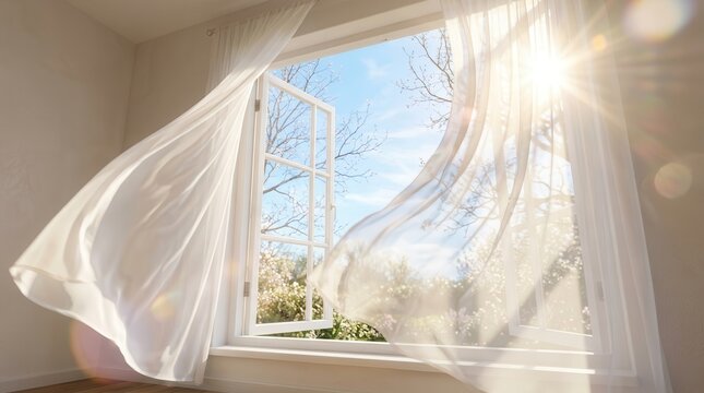 White curtains blowing in the wind from an open window on a sunny day.