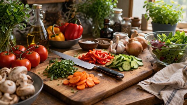 Fresh vegetable preparation on rustic kitchen table with colorful ingredients and healthy cooking concept