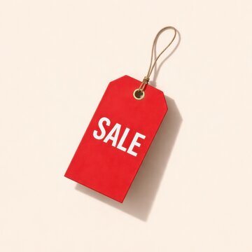 Red sale tag hanging on string isolated on clean background representing retail discount and shopping promotion