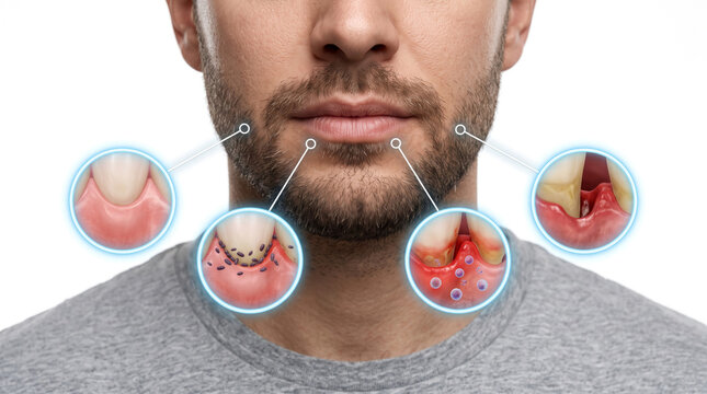 Acne progression and facial skin inflammation, medical illustration showing clogged pores blackheads pimples cysts and severe acne lesions