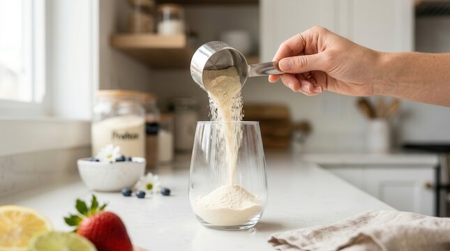 A person pouring vanilla protein powder into a clear glass for a healthy shake