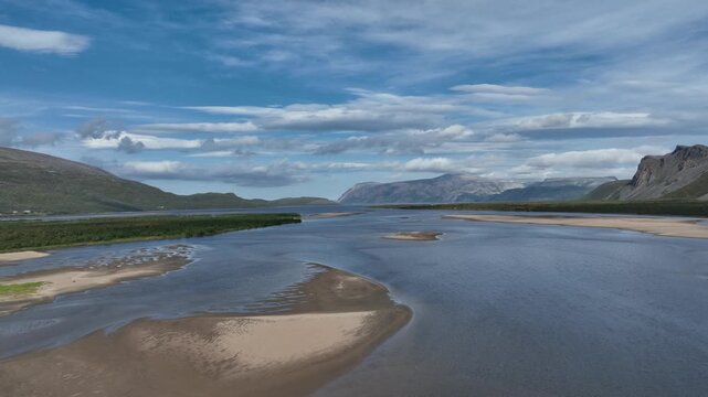 Aerial view of Tana Rver, Tanaelva, with large sand bank in northern Norway