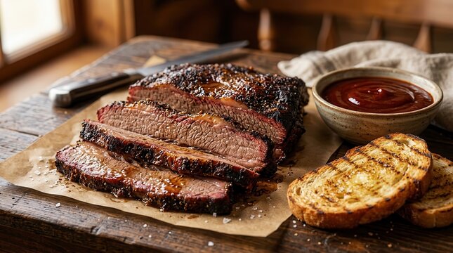 Slow-cooked BBQ brisket with toasted bread and savory barbecue sauce dipping bowl.