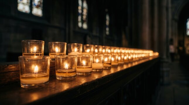 A line of burning votive candles in a dark church setting symbolizing memory and light.