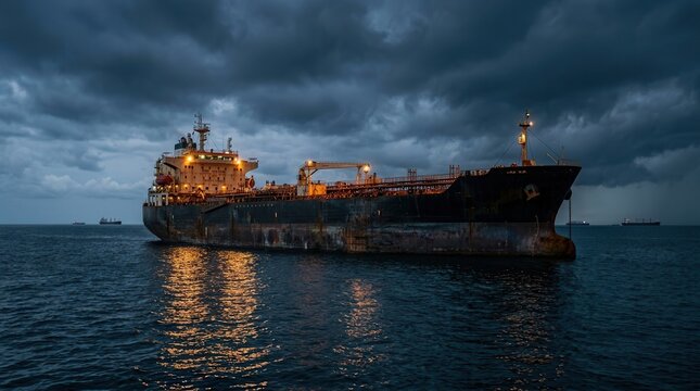 An isolated oil tanker vessel reflects on calm water during a maritime standoff.