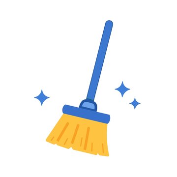 Flat style illustration of a clean broom with blue handle and yellow bristles surrounded by sparkle icons