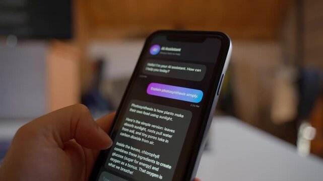 Hand holding smartphone asking AI assistant to explain photosynthesis for learning 