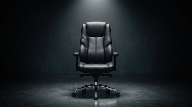 Empty black executive chair under a spotlight in a dark room representing a vacant position.
