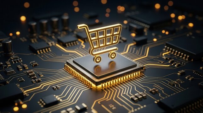 Futuristic digital payment concept with a golden shopping cart icon atop a glowing microchip.