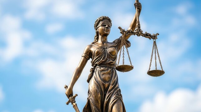 The bronze Lady Justice statue with a blindfold and scales representing judicial power.