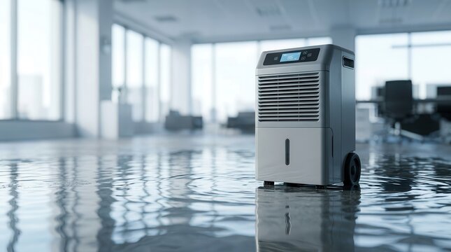 Professional dehumidifier machine placed on a flooded floor in a modern office building.