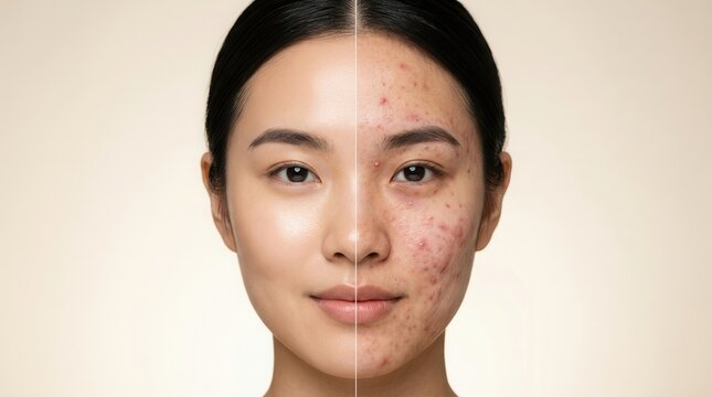 Split face view of acne treatment results highlighting clear skin versus acne.