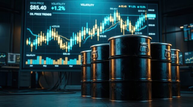 Stock market graph reflecting oil market volatility and fuel price trends near oil barrels.