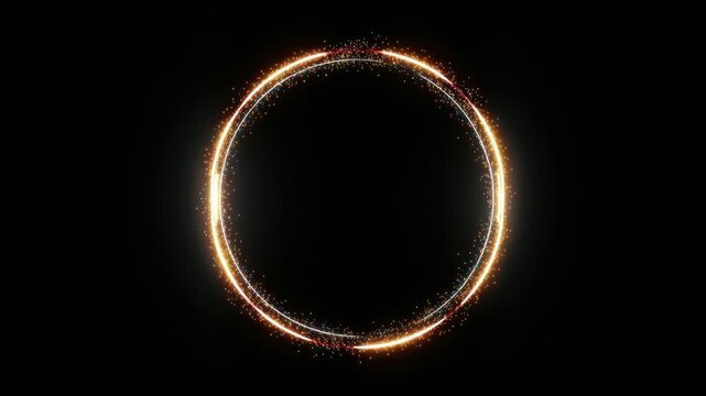 glowing particle ring border with copy space text overlay, seamless loop, hand drawn digital animation on black background