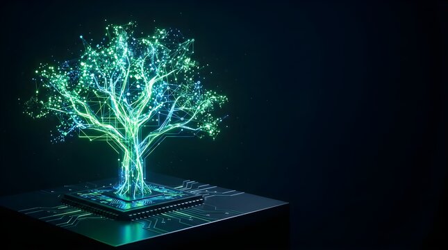 Glowing digital tree growing from a computer processor chip in dark space