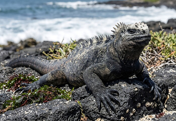 Obraz premium Marine Iguana (Amblyrhynchus cristatus) Basking on Volcanic Rocks in the Galápagos Islands