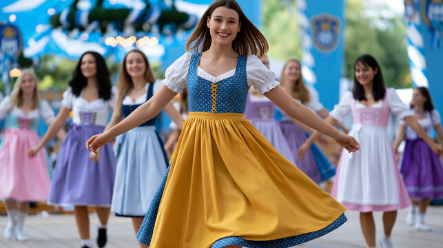 Young woman in traditional Bavarian dress twirls joyfully while dancing with a group of female performers at a cultural festival in a vibrant outdoor setting
