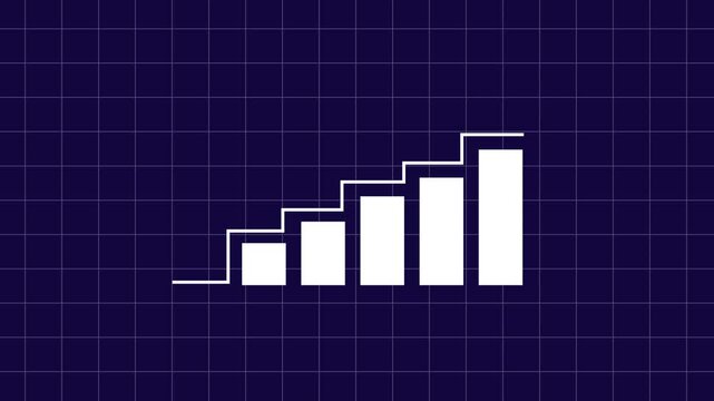 Dynamic animated bar chart rising upward on a dark blue grid background, representing business growth, financial success, data analysis, market trends, and corporate performance metrics for
