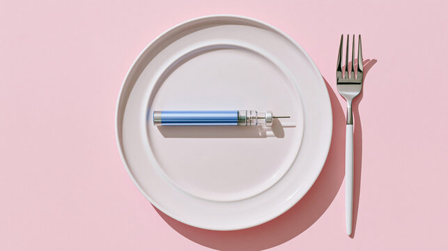 Syringe with blue barrel placed on a white plate beside a silver fork against a pink background, creating a striking visual contrast and modern aesthetic