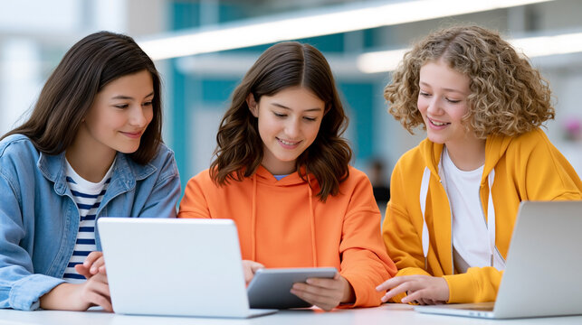Three teenage girls collaborating on a digital project using a laptop and tablet in a bright, modern classroom environment with soft lighting and minimalistic design