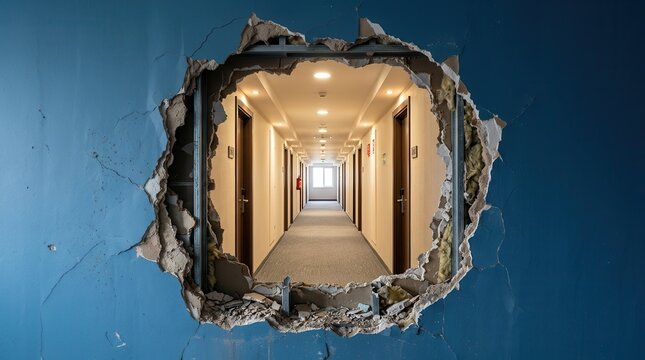 Damage assessment view through a hole in a blue wall revealing a hallway and successive rooms.