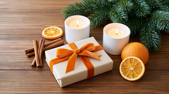 Cozy christmas gift with candles, oranges, cinnamon and fir branches on wooden table