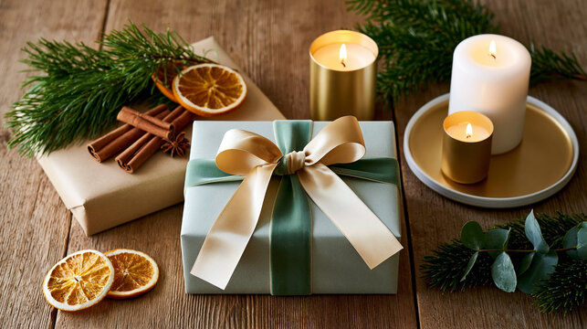 Wrapped gift box with green ribbon and bow, surrounded by candles, dried orange slices, cinnamon sticks, and evergreen branches on a wooden table