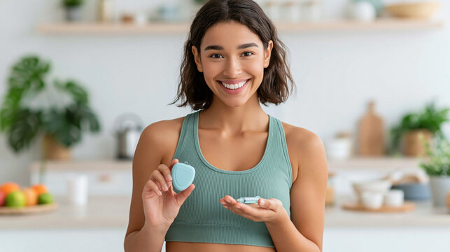 Young woman in athletic wear holds a fitness tracker and a pill container, smiling in a bright kitchen with fruits and plants on the countertop