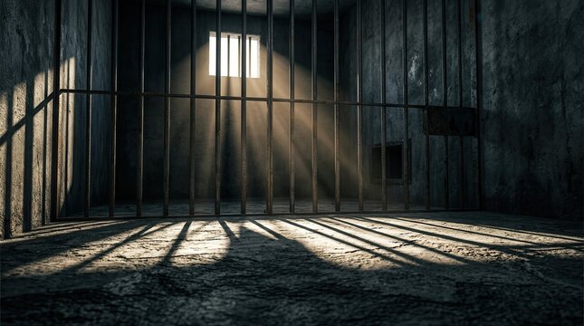 Shadows of iron bars projected onto a concrete wall and floor inside a dark prison cell.