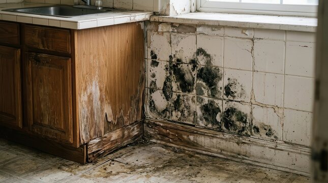 Severe mold and water damage on kitchen tiles and floor indicating remediation need.