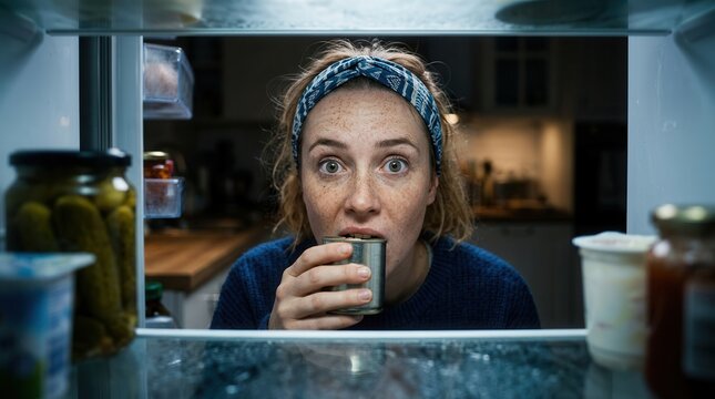 Humorous shot of a girl overindulging in food while looking into an open fridge.