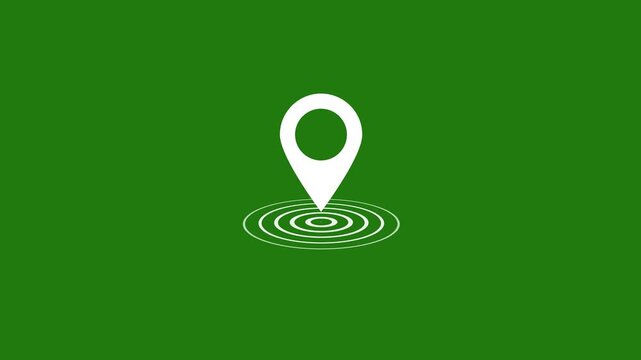 Animated map pin marker with pulsing concentric circles ripple effect on a solid chroma key green background, for seamless digital, compositing and motion projects