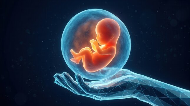 Hand cradling a luminous embryo in a sac symbolizing embryo health assessment and genetics.